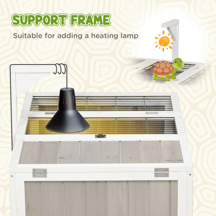 PawHut Wooden Tortoise Habitat with Openable Top, Run Cage, Two Rooms, Grey