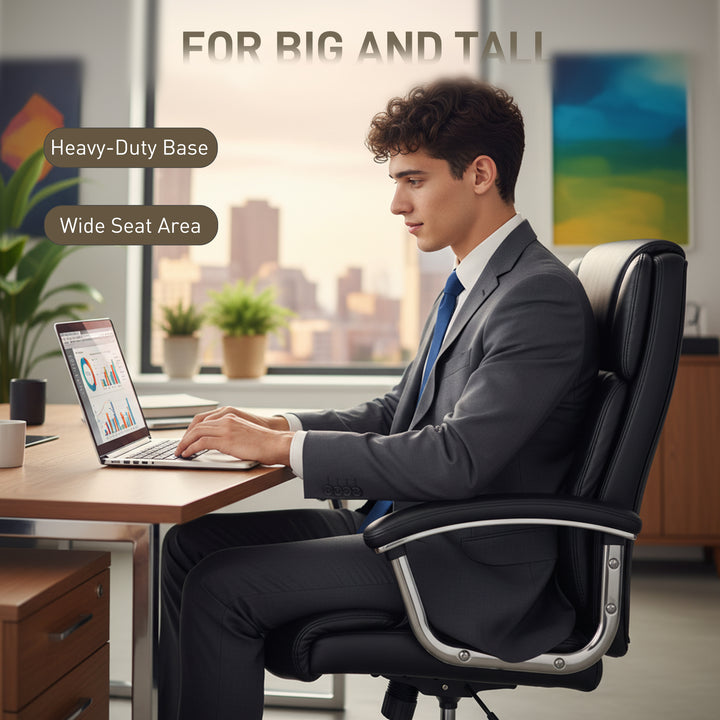 HOMCOM Big and Tall Office Chair 400 lbs, Desk Chair with Spring Cushion, PU Leather, High Back, Swivel Wheels, Black