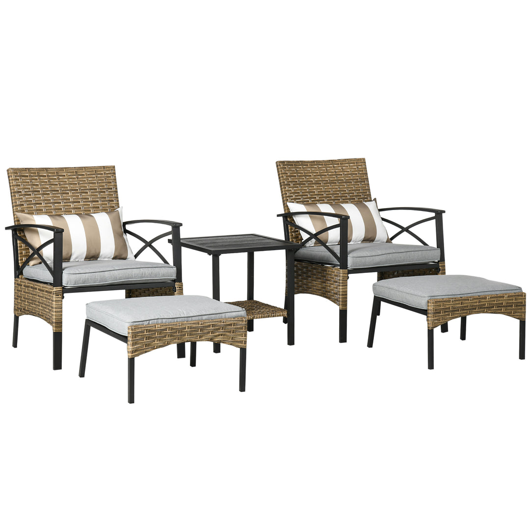 Outsunny 5 Piece PE Rattan Garden Furniture Set, 2 Armchairs,2 Stools, Steel Tabletop with Wicker Shelf, Padded Outdoor Seating, Khaki
