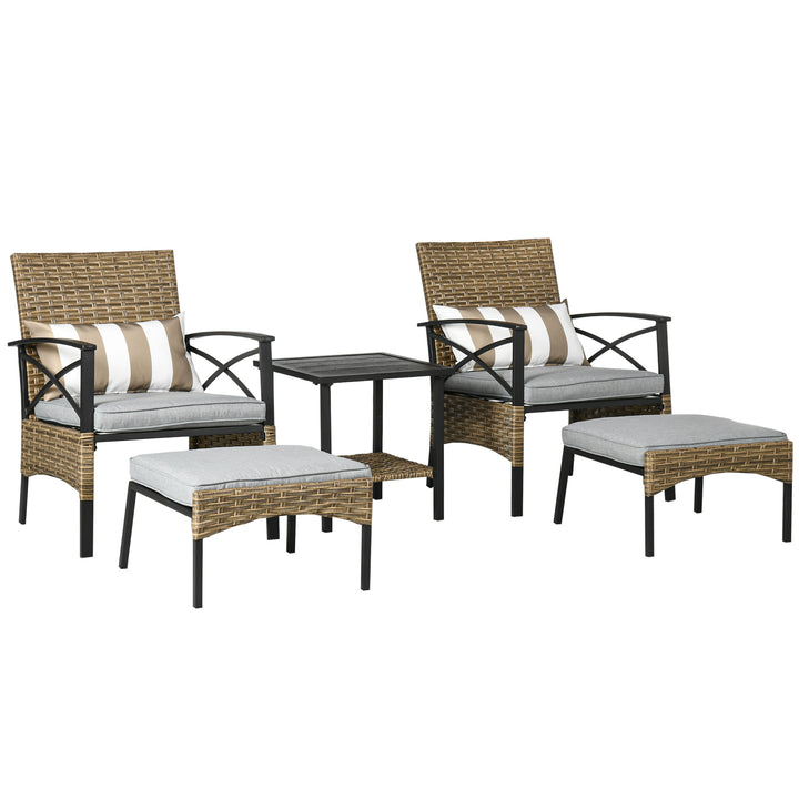 Outsunny 5 Piece PE Rattan Garden Furniture Set, 2 Armchairs,2 Stools, Steel Tabletop with Wicker Shelf, Padded Outdoor Seating, Khaki