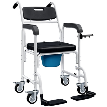 HOMCOM Rolling Shower Chair, Bedside Commode Chair with Wheels, Backrest, Arms, Flip Footrests for Seniors, Disabled, Black