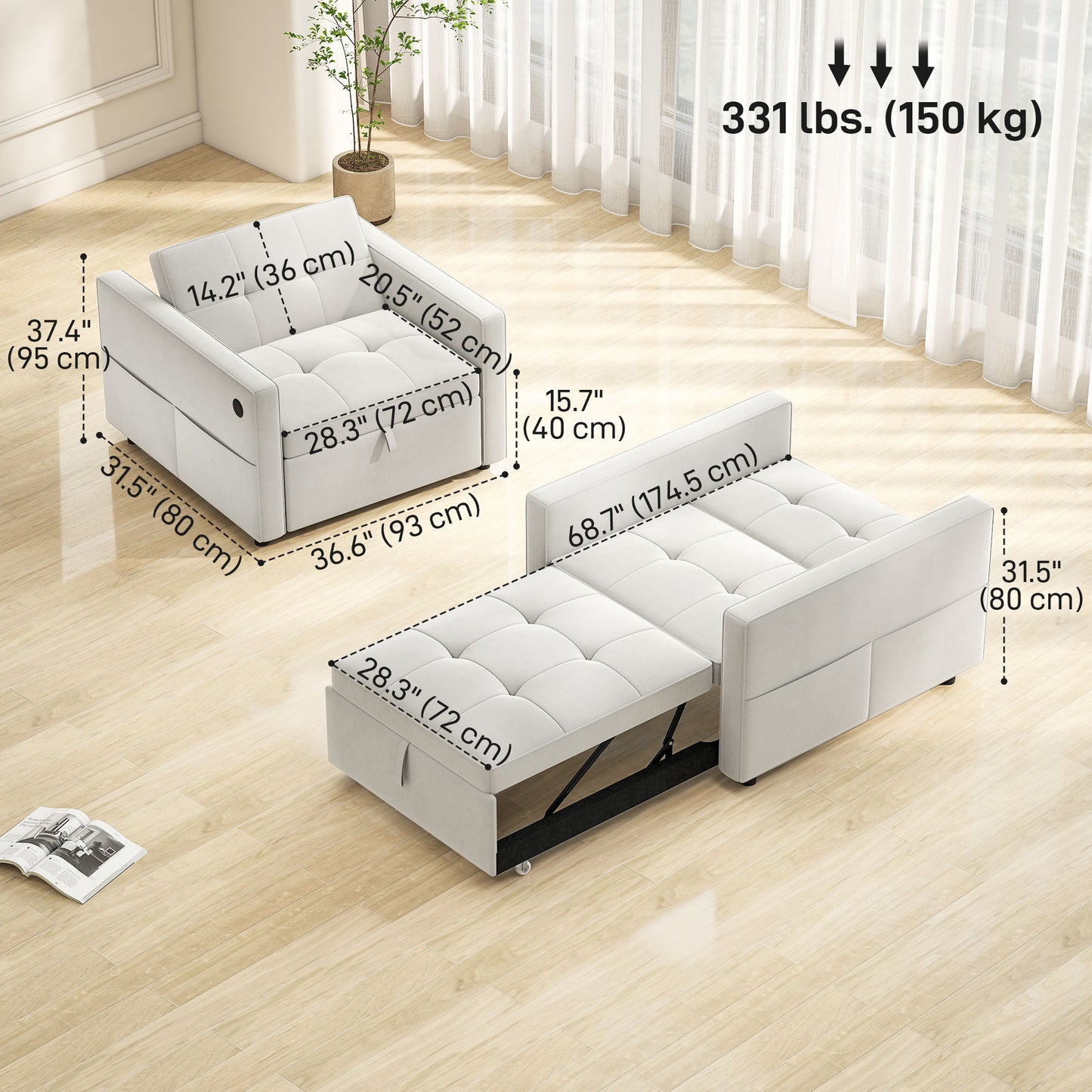 HOMCOM Convertible Chair Bed, Pull Out Sleeper Chair with USB, Adjustable Backrest, Small Velvet Futon Sofa Bed, Grey