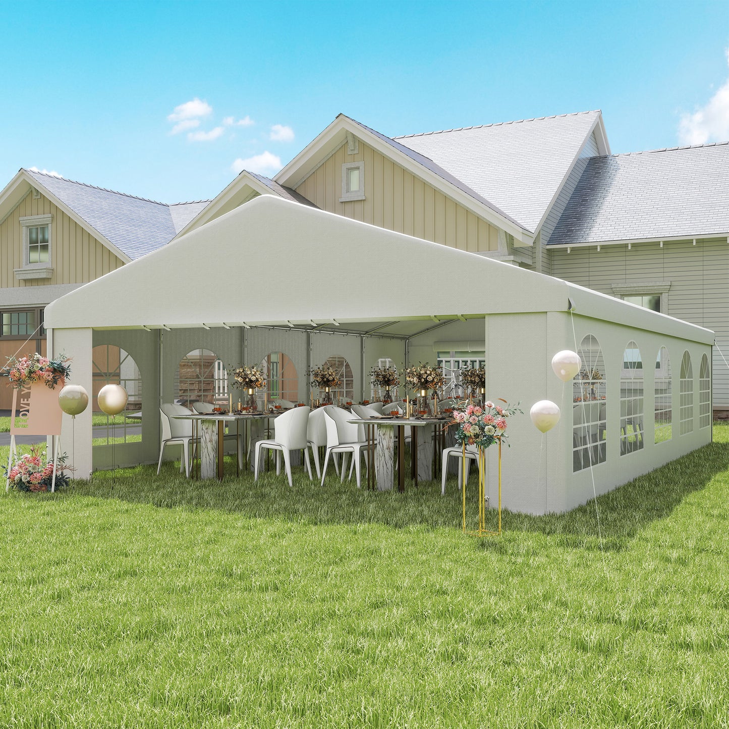 Outsunny 32'x16' Large Patio Gazebo, Steel Party Event Wedding Tent Canopy Carport Garage W/ 4 Removable Sidewalls for Outdoor Parking, White