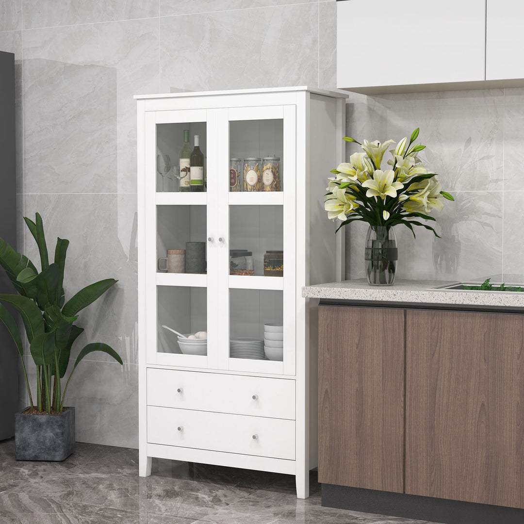 HOMCOM Kitchen Pantry Cabinet, Freestanding Storage Cabinet with 3-tier Shelves, 2 Drawers and Glass Doors, White