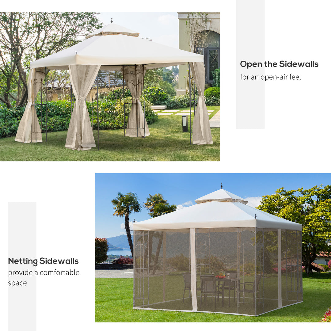 Outsunny 10' x 10' Steel Outdoor Patio Gazebo Canopy with Removable Mesh Curtains, Display Shelves, & Steel Frame, Grey