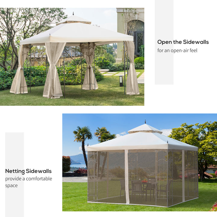 Outsunny 10' x 10' Steel Outdoor Patio Gazebo Canopy with Removable Mesh Curtains, Display Shelves, & Steel Frame, Grey