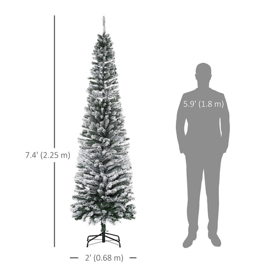 HOMCOM 7.5ft Flocked Christmas Tree, Pencil Christmas Tree with Realistic Branch Tips, Folding Metal Stand, Green