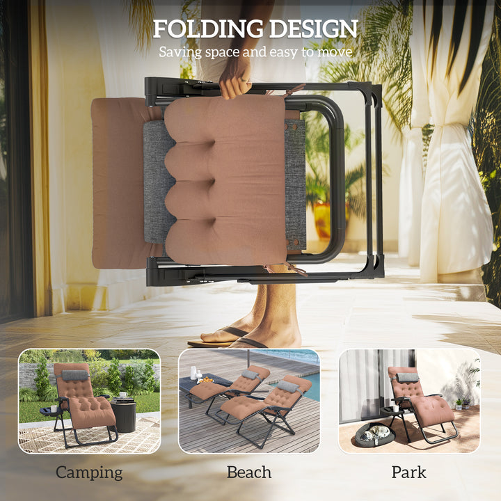 Outsunny Padded Folding Recliner Chair, Patio Lounger with Cupholder, Adjustable Backrest, Removable Cushion, Khaki
