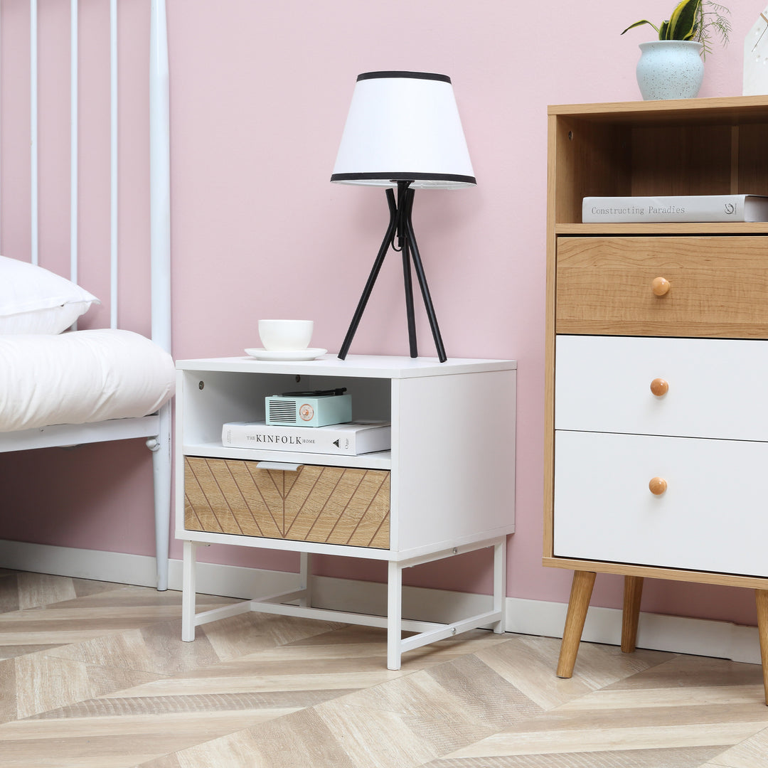 HOMCOM Modern Bedside Table with Drawer, Nightstand with Storage Shelf, Sofa End Table for Bedroom, White and Oak