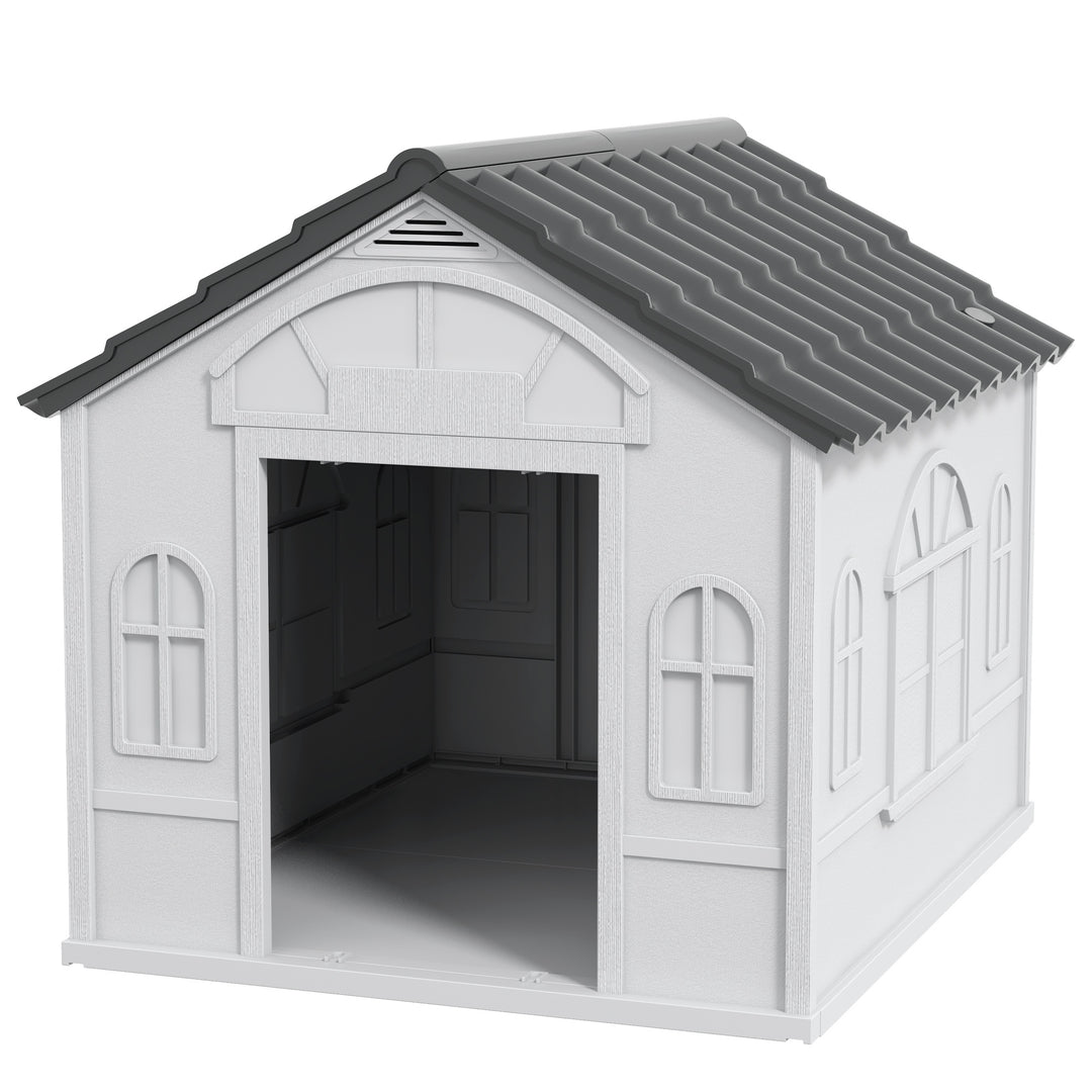 PawHut 26" Plastic Dog House Outdoor with Air Vents, for Small Medium Dogs, Grey