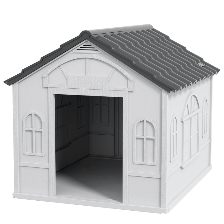 PawHut 26" Plastic Dog House Outdoor with Air Vents, for Small Medium Dogs, Grey