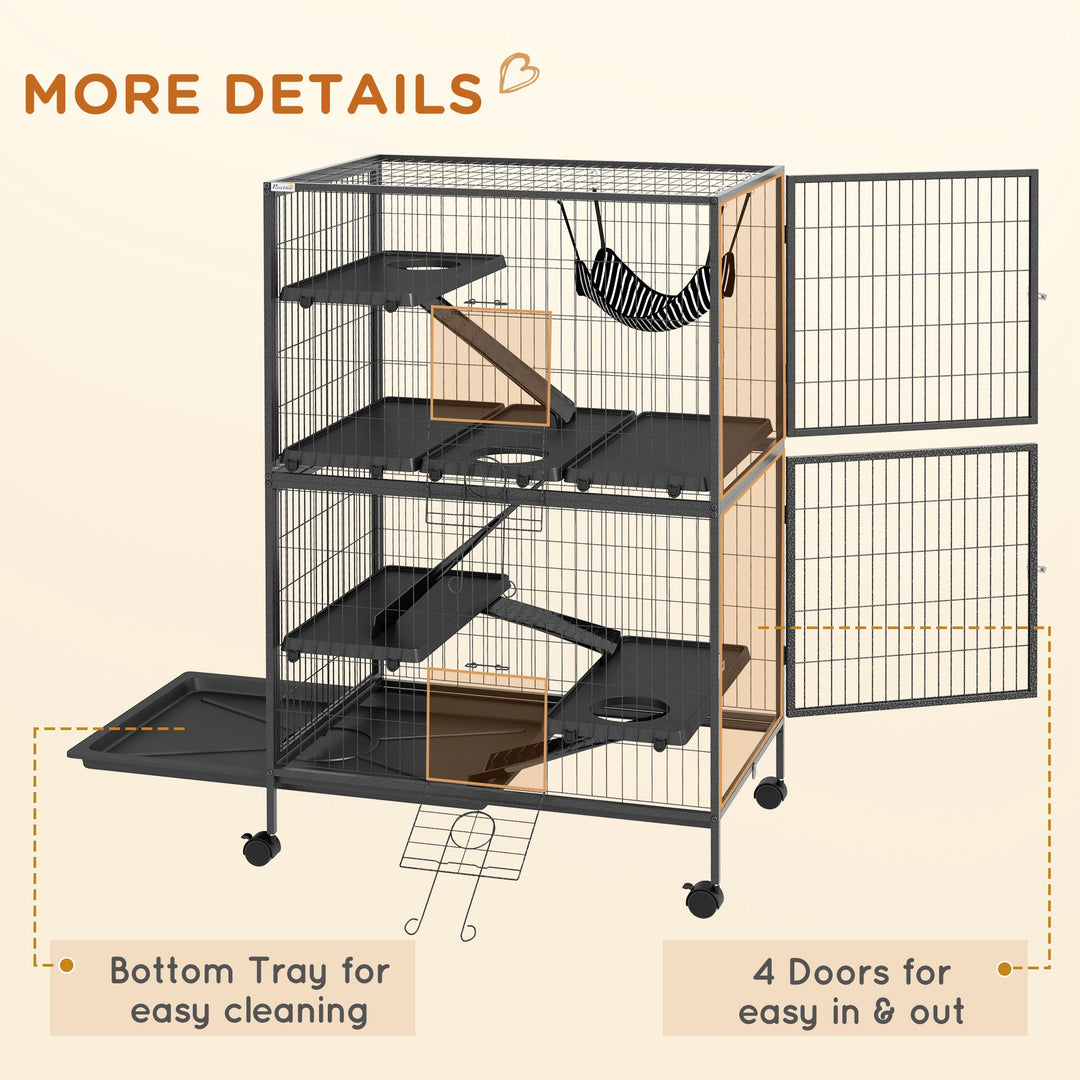 PawHut 5-Tier Rolling Small Animal Cage, Deluxe Guinea Pig Cage, Ferret Cage for Mink Chinchilla Kitten Rabbit, Light Grey
