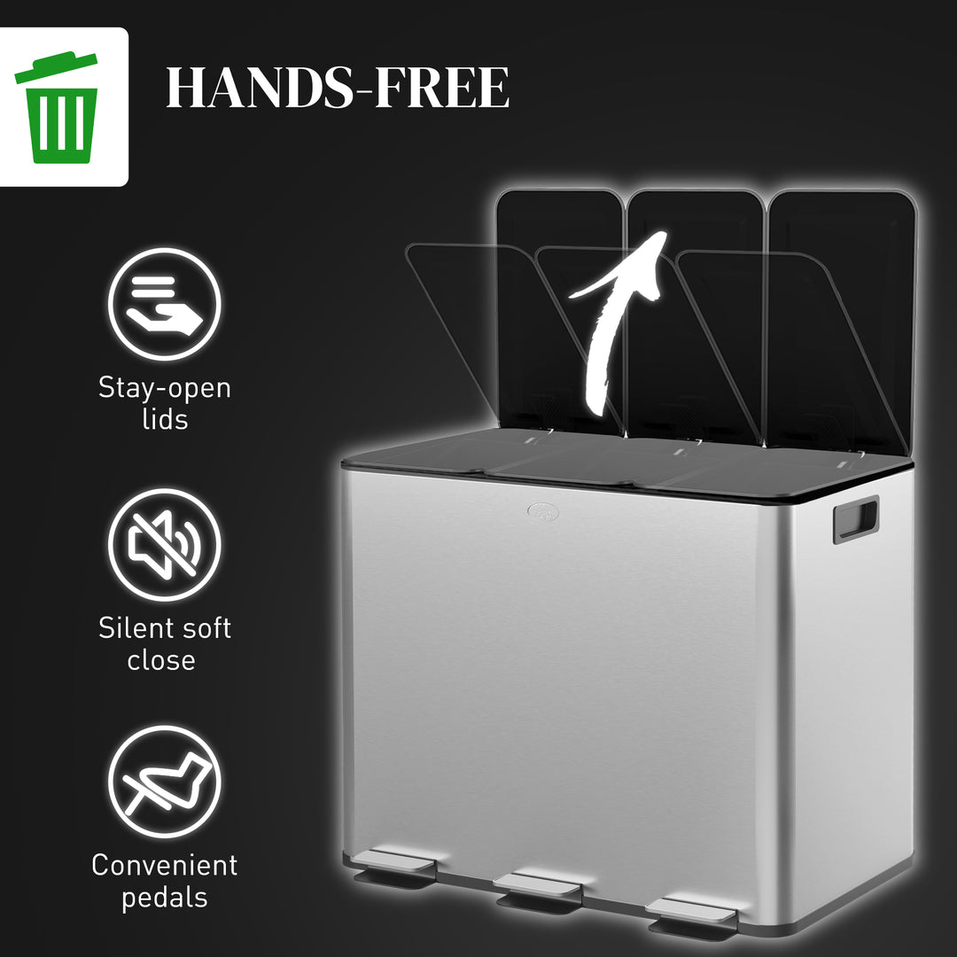 HOMCOM Triple Garbage Bin, Soft-Close Trash Can with Foot Pedal, 3 x 20 Liter Garbage Can with Removable Inner Buckets, Silver