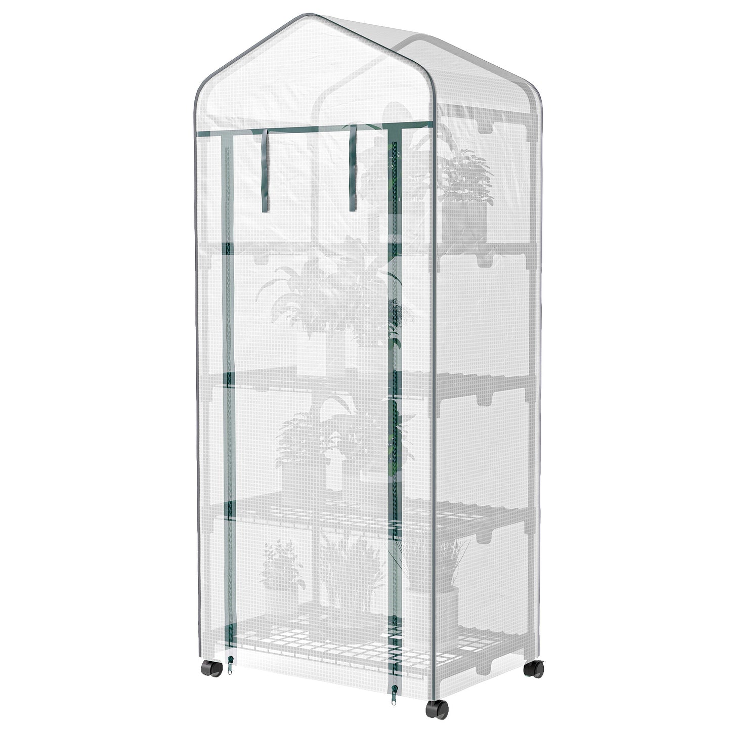 Outsunny 27" x 20" x 65" Portable Greenhouse with 4 Tier Shelves and Wheels, Outdoor Hot House Plant Flower Greenhouse, Steel Frame, Plastic Cover, Clear