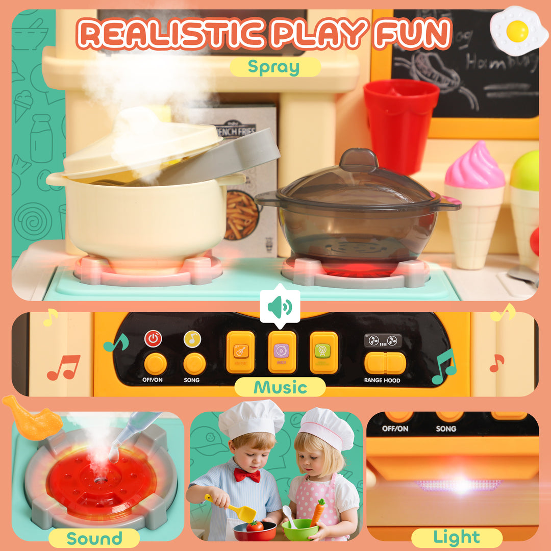 Qaba Play Kitchen Set, Kids Kitchen Playset with Real Lights and Sounds, Sink, Stove, Clock, Accessories, Green