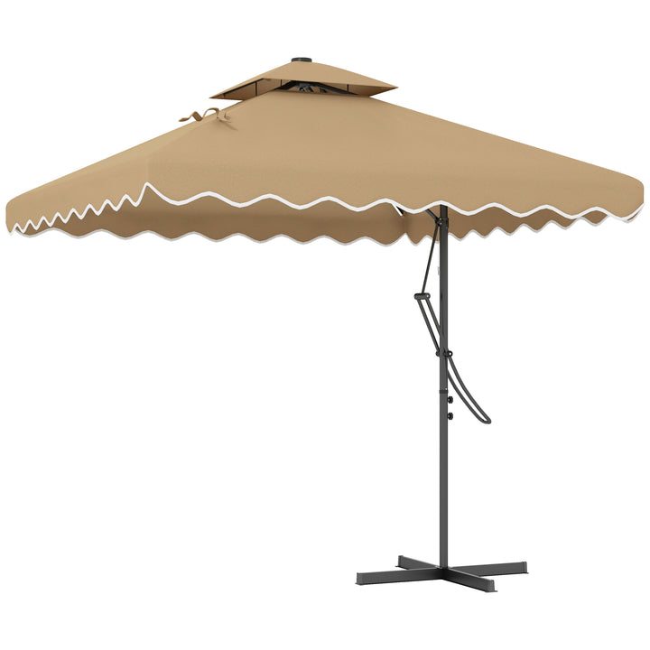 Outsunny 8' x 8' Square Double Top Offset Patio Umbrella Garden Parasol with Solar LED Lights, Ruffles and Weights, Khaki