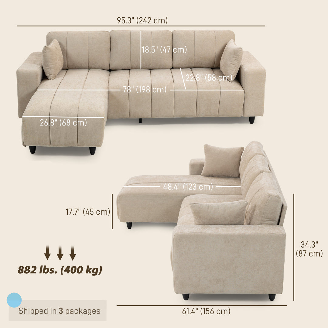 HOMCOM Sectional Couch with Integrated Seat, 3 Seater L-Shaped Sofa with Changeable Chaise, Spring Cushion, 2 Pillows, Grey