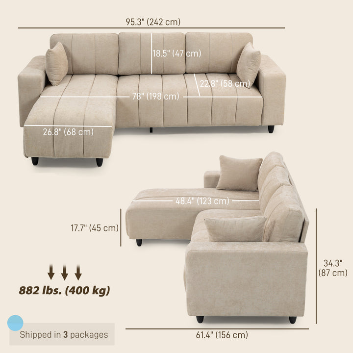 HOMCOM Sectional Couch with Integrated Seat, 3 Seater L-Shaped Sofa with Changeable Chaise, Spring Cushion, 2 Pillows, Grey
