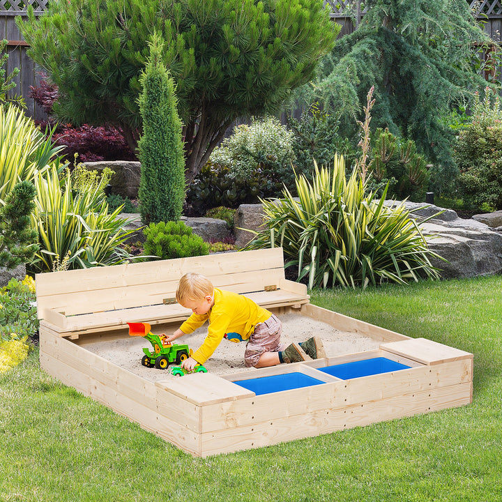 Outsunny Wooden Kids Sandbox with Foldable Bench Seat, 2 Plastic Boxes, Bottom Liner, Storage Space for Garden, Backyard