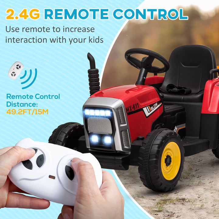 Aosom 12V Kids Ride on Tractor with Trailer, Remote Control, Music Start up Sound and Horn, USB, LED Lights, Red