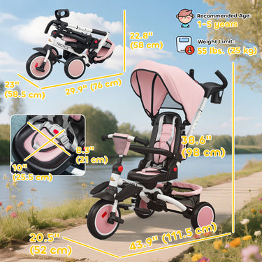 Qaba 6 in 1 Toddler Tricycle for 1-5 Years Old with Push Handle, Removable Canopy, Rotatable Seat, Pink