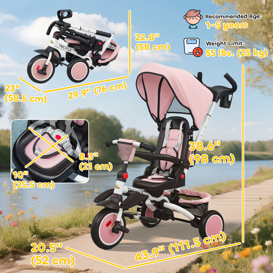 Qaba 6 in 1 Toddler Tricycle for 1-5 Years Old with Push Handle, Removable Canopy, Rotatable Seat, Pink