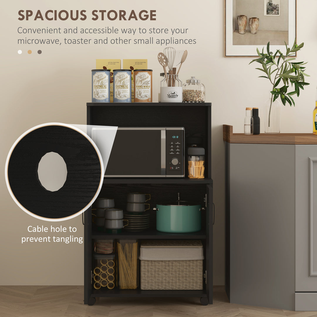 HOMCOM Microwave Cart on Wheels Utility Trolley Storage Sideboard Bookcase with 2-door Cabinet, White Oak