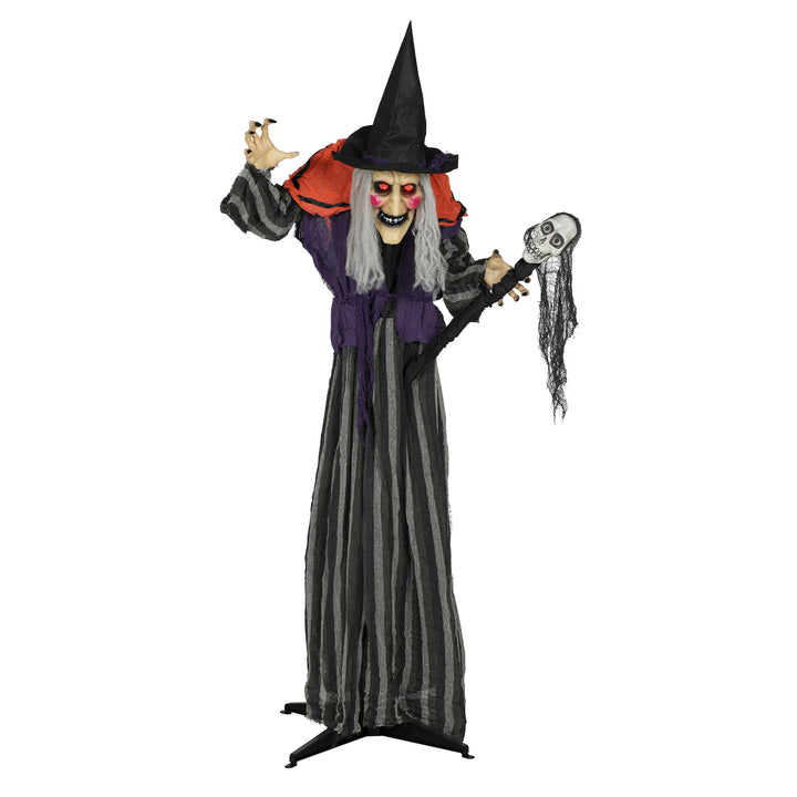 Outsunny Animatronics Standing Witch, Voice-Activated Prop with Skull Staff & Flashing Eyes, Easy Setup Indoor, Orange