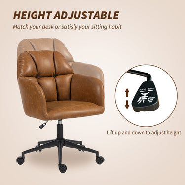 HOMCOM Swivel Office Chair, Faux Leather Desk Chair with Adjustable Height for Living Room, Bedroom, Study, Brown