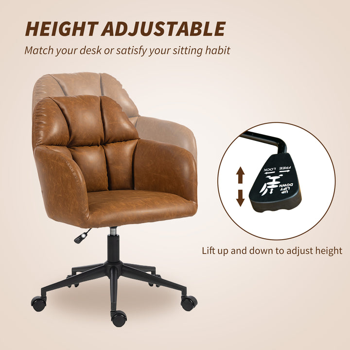 HOMCOM Swivel Office Chair, Faux Leather Desk Chair with Adjustable Height for Living Room, Bedroom, Study, Brown