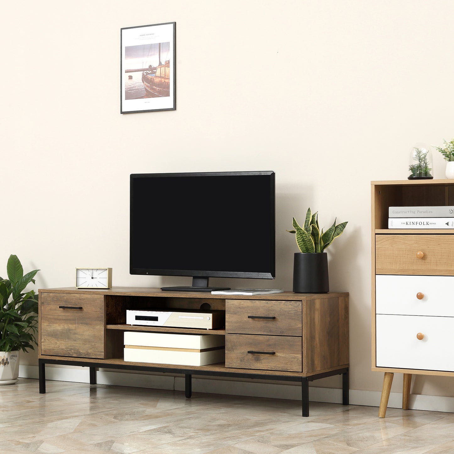 HOMCOM TV Stand for TV up to 50 Inches, TV Cabinet with Door, Open Storage and Drawers, TV Table with Steel Legs, Dark Walunt