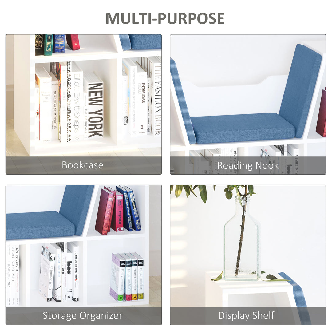 HOMCOM 6-Cubby Bookcase with Seat Cushion, Cube Storage Shelf with Reading Nook for Home Office, Study, Blue