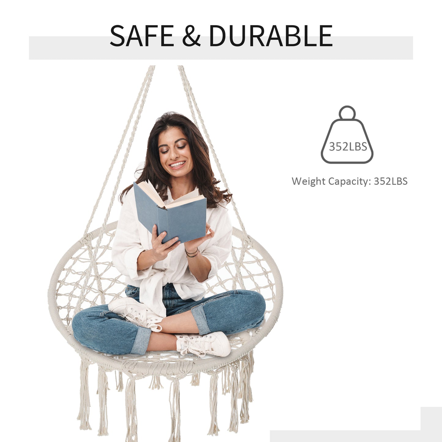Outsunny Patio Hammock Chair, Hanging Rope Hammock Swing for Indoor & Outdoor Use with Backrest, Cotton-Polyester Blend, Fringe Tassels, Dark Grey