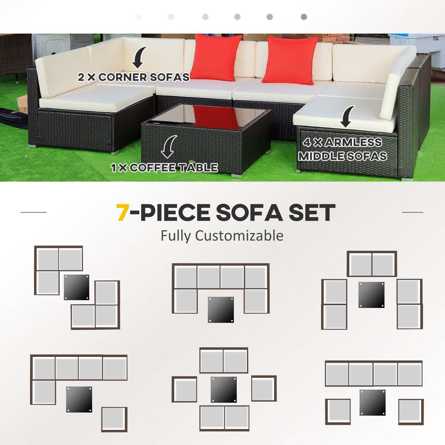 Outsunny 7pcs Garden Wicker Sectional Set w/ Tea Table Patio Rattan Lounge Sofa with Cushion for Outdoor Deck Orange