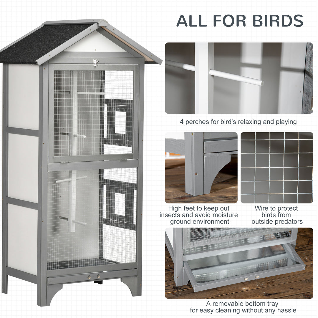 PawHut Wooden Bird Aviary Parrot Cage Pet Furniture with Removable Bottom Tray, 2 Doors, Asphalt Roof, 4 Perches, Light Grey