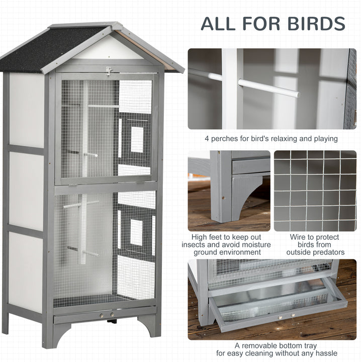 PawHut Wooden Bird Aviary Parrot Cage Pet Furniture with Removable Bottom Tray, 2 Doors, Asphalt Roof, 4 Perches, Light Grey