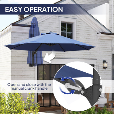 Outsunny 9.6 x 9.6 ft Wall Mounted Umbrella with Rotate, Patio Market Umbrella Parasol for Outdoor with Crank, Dark Blue