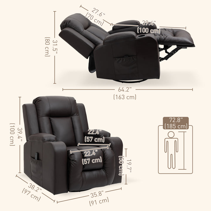 HOMCOM Swivel Massage Recliner Chair Rocker, Overstuffed Manual Reclining Sofa, PU Leather Rocking Chair with Side Pockets, Cup Holders, for Living Room, Nursery, Brown