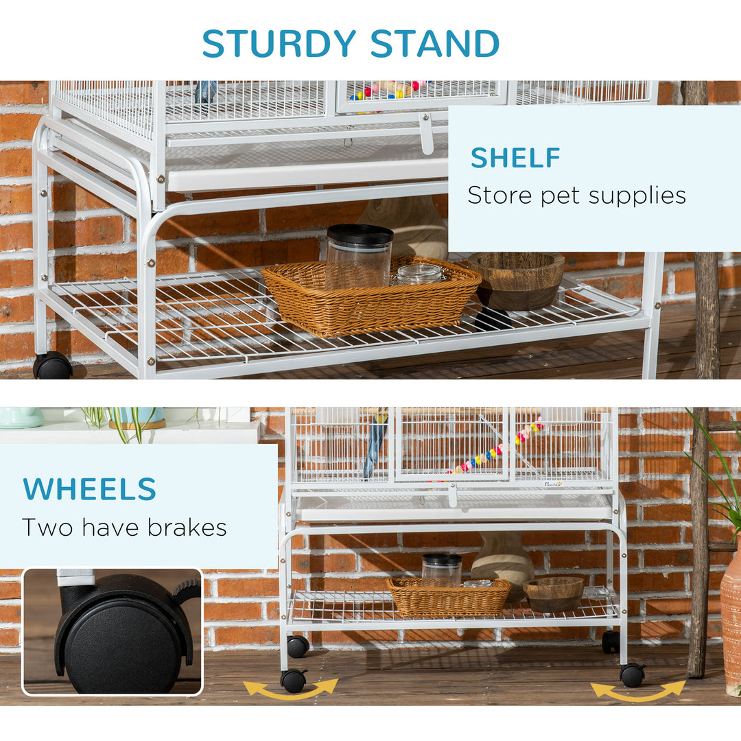 PawHut 71" Bird Cage with Wheels Perches, Ramp, Storage Shelf, Toys for Canaries, Finches, Cockatiels, Parakeets, White