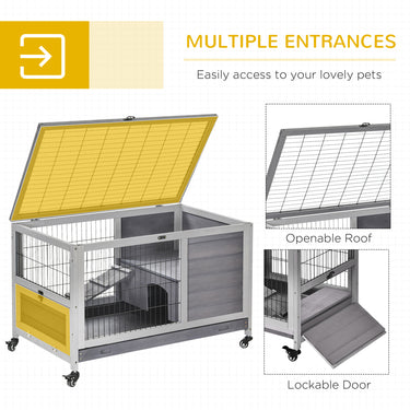 PawHut Wooden Indoor Rabbit Hutch Elevated Bunny Cage Habitat with Enclosed Run with Wheels, Suitable for Rabbits and Guinea Pigs, Grey