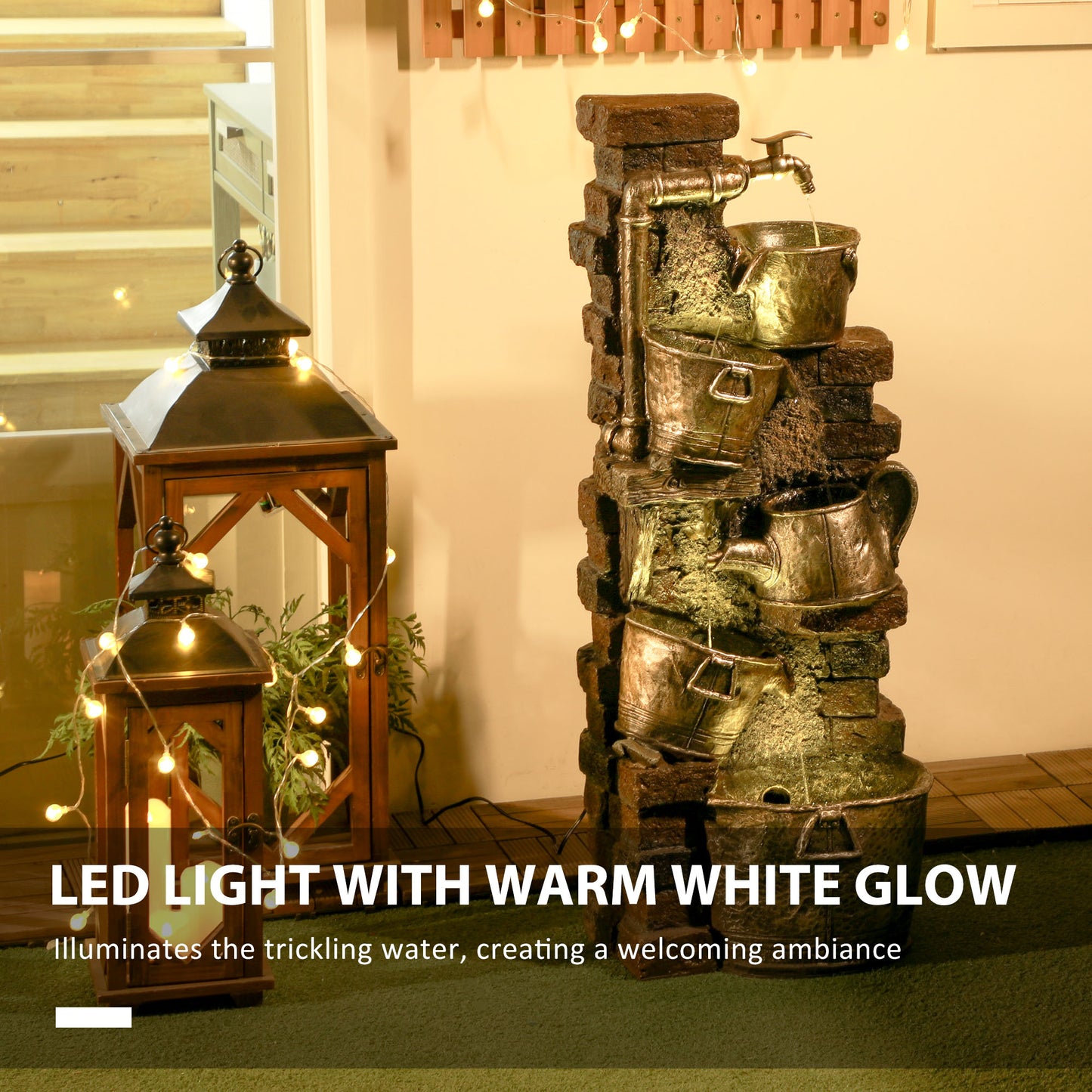 Outsunny 4-Tiered Outdoor Jar and Bowls Water Fountain with LED Lights, Adjustable Flow, 26.4-inch Resin Waterfall Fountain