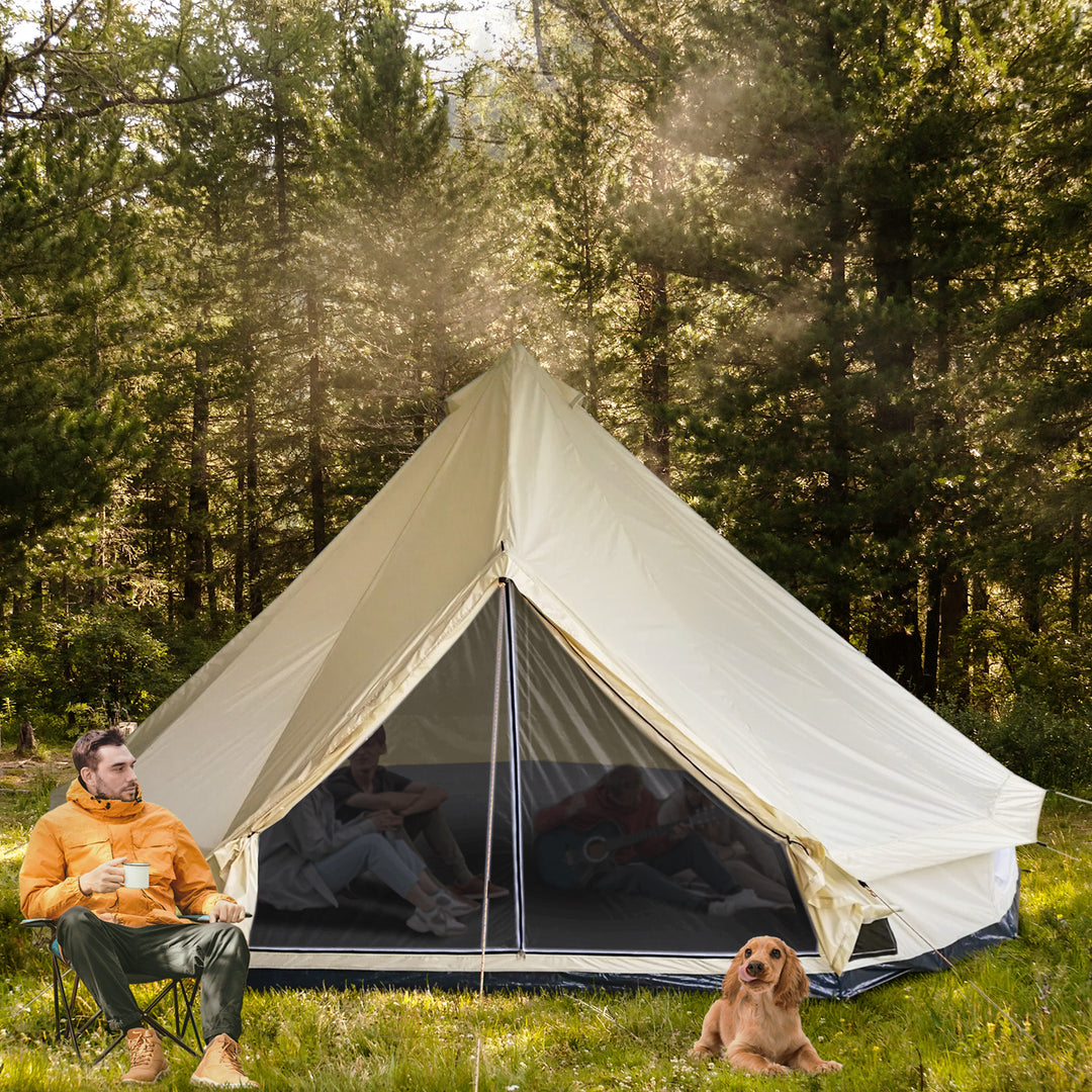 Outsunny 16.4' Large Family Teepee Tent Canvas Bell Tent Camp Shelter for Camping Hunting Beige