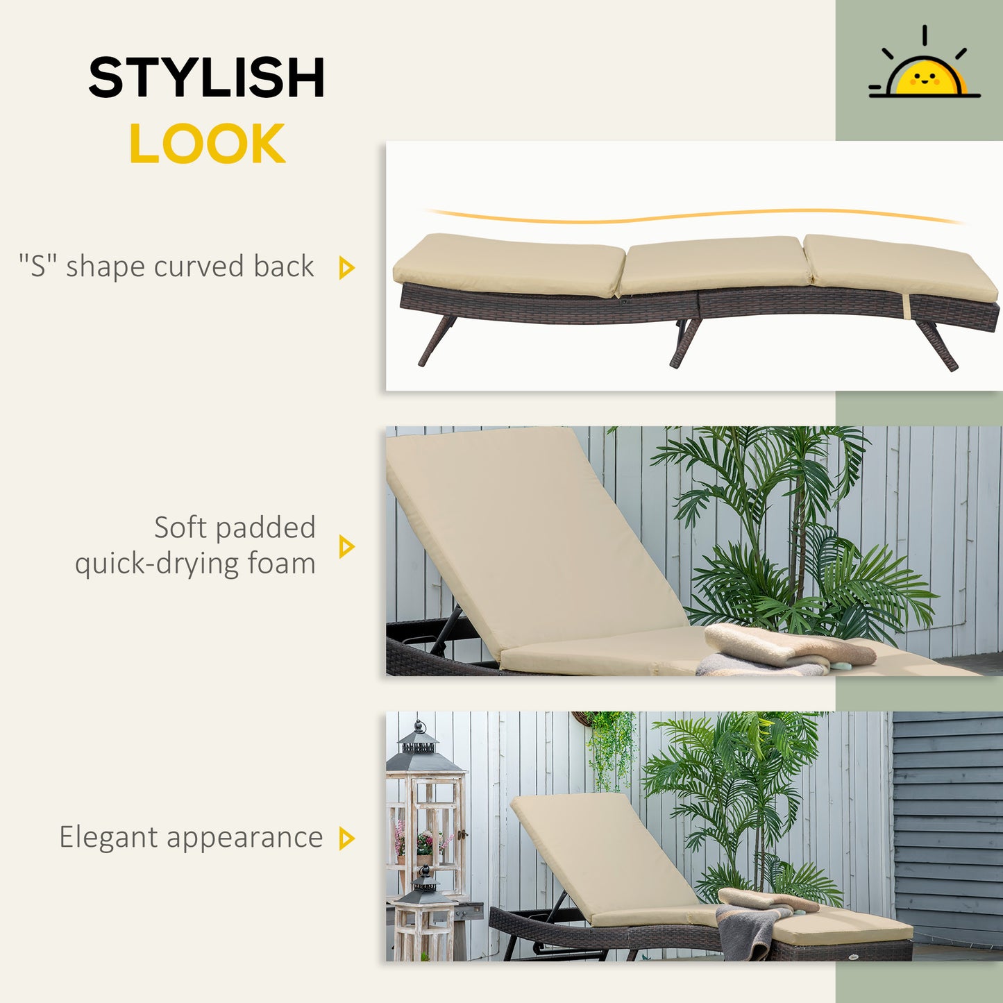 Outsunny Wicker Patio Lounger, Outdoor S Shape Recliners Lounge Chair w/ 5-Level Adjustable Backrest, Soft Padded Cushion for Outdoor Use, Cream White