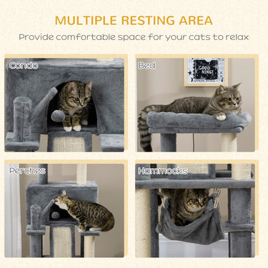 PawHut 55" Cat Tree for Indoor Cats, Cat Tower, Kitty Activity Center with Cat Bed Ramp Condo Hammocks Hanging Ball Toys Sisal Rope Scratching Post, Grey