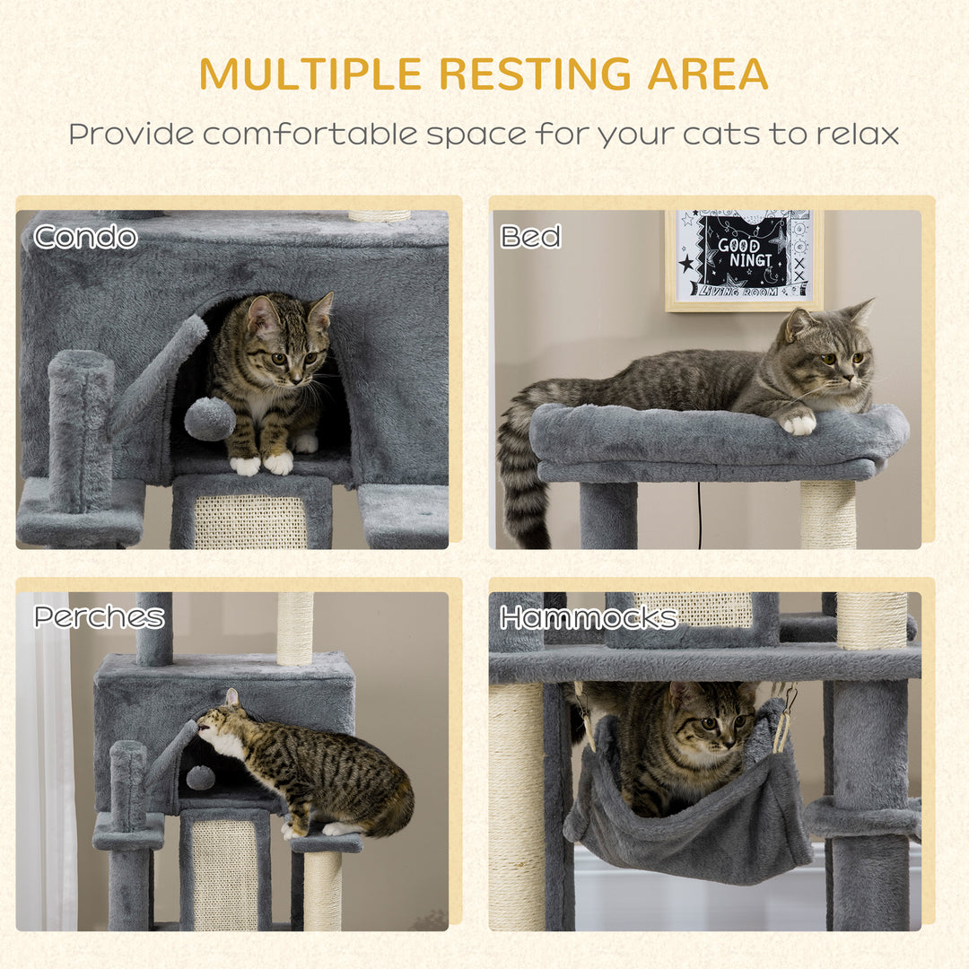 PawHut 55" Cat Tree for Indoor Cats, Cat Tower, Kitty Activity Center with Cat Bed Ramp Condo Hammocks Hanging Ball Toys Sisal Rope Scratching Post, Grey