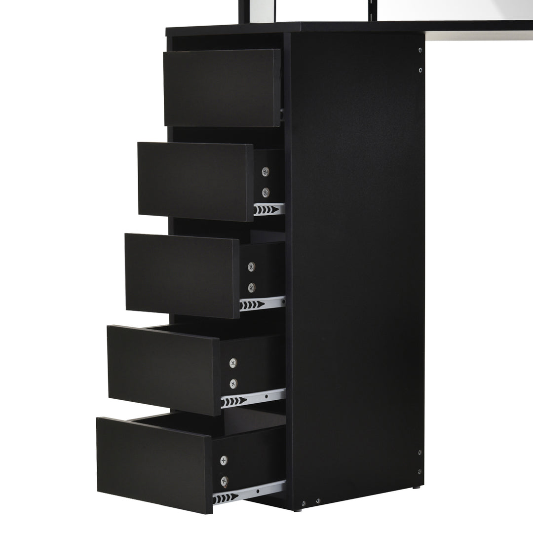 HOMCOM Corner Vanity Table, Makeup Vanity Table with 5 Drawers and Open Shelves, Dressing Table with 3-piece Mirror for Bedroom, Black
