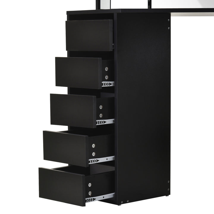 HOMCOM Corner Vanity Table, Makeup Vanity Table with 5 Drawers and Open Shelves, Dressing Table with 3-piece Mirror for Bedroom, Black