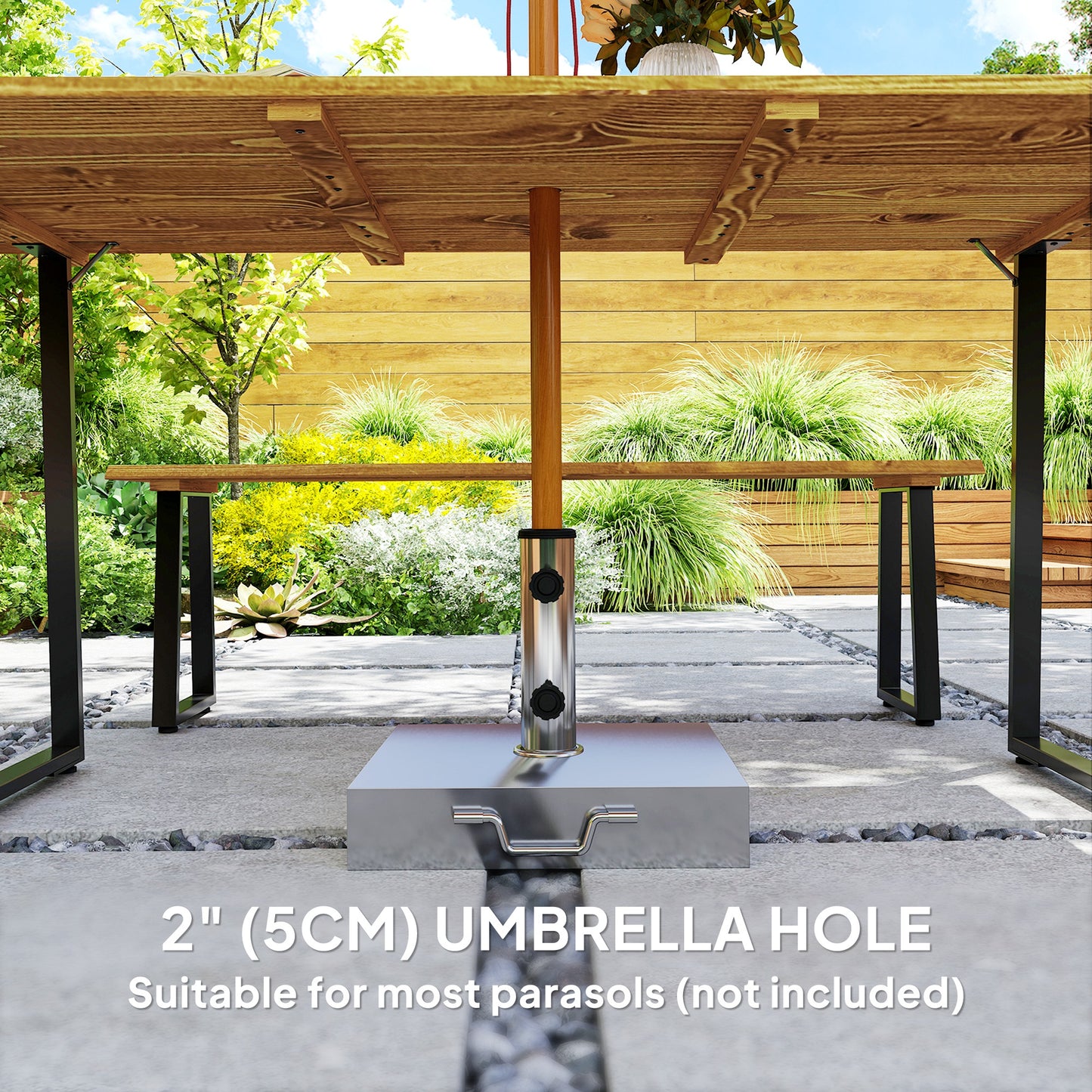 Outsunny Picnic Table and Bench Set for 6 Persons with 2" Umbrella Hole, Slatted Top & Steel Frame, for Party, BBQ, Patio, Lawn