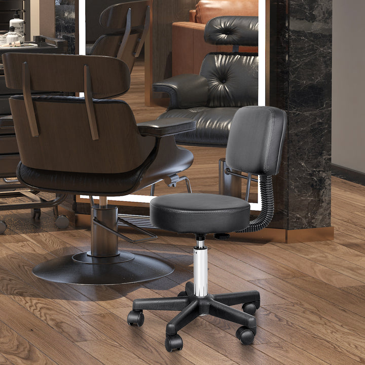 HOMCOM Adjustable Rolling Stool with Back, PU Leather Round Swivel Drafting Stool with Wheels for Kitchen, Salon Spa, Bar, Home Office, Massage, White