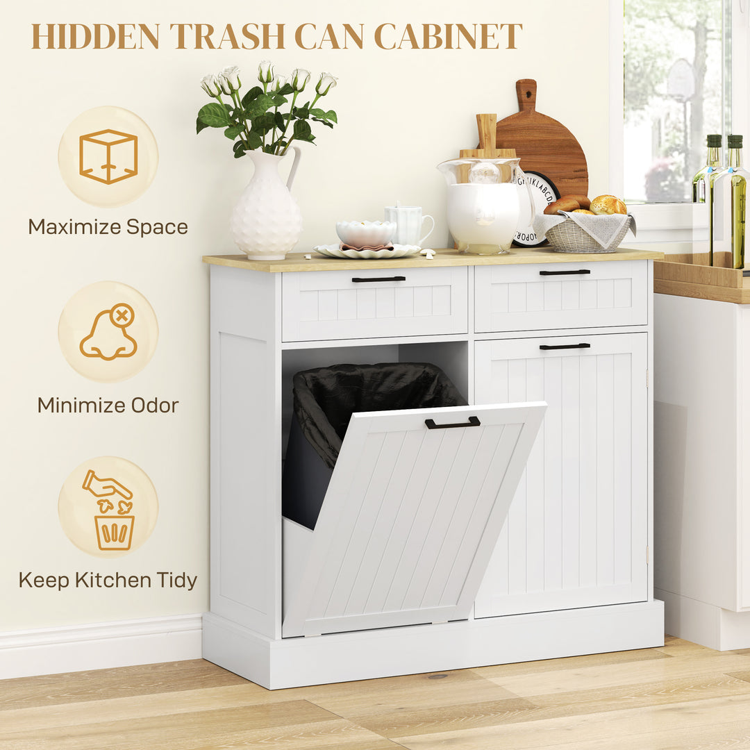 HOMCOM Hidden Garbage Bin Cabinet, Tilt Out Trash Cabinet w/ 2 Drawers, Freestanding Kitchen Island for Laundry, Black